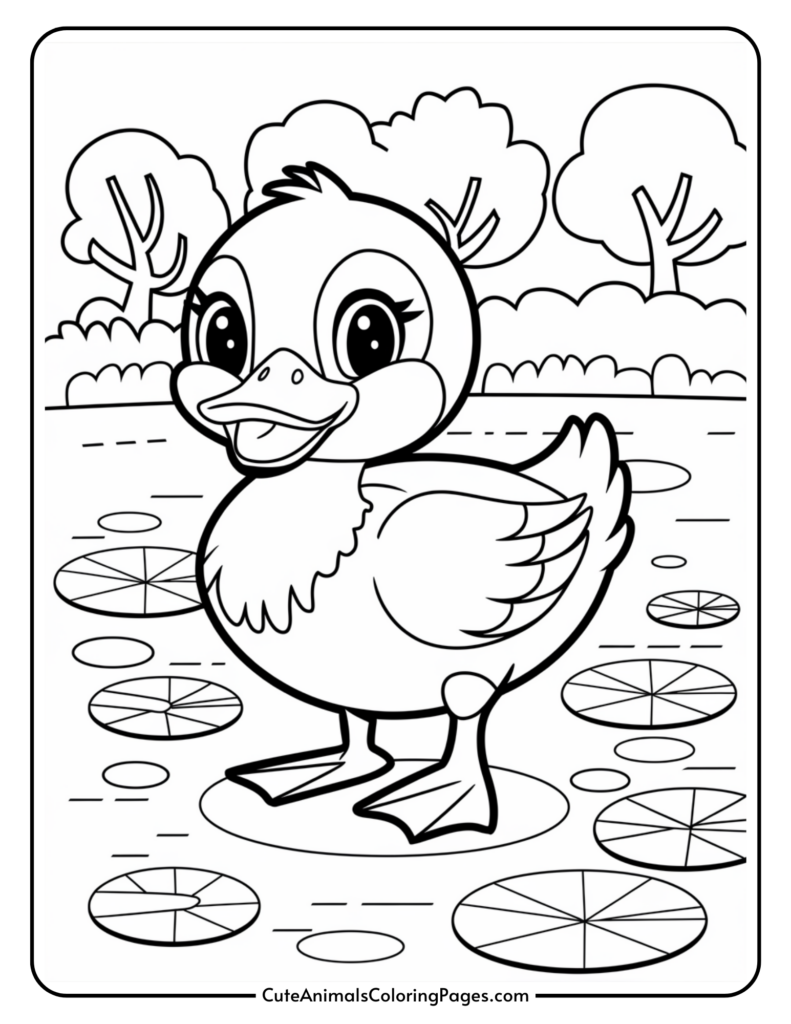 A cartoon duckling standing on a pond surrounded by lily pads and trees.