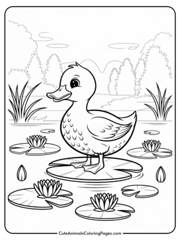 A cartoon duck standing on a lily pad in a pond, surrounded by lily pads and cattails, with trees in the background.