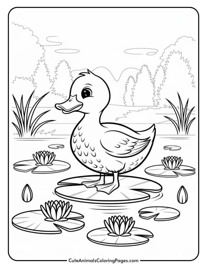 A cartoon duck standing on a lily pad in a pond, surrounded by lily pads and cattails, with trees in the background.