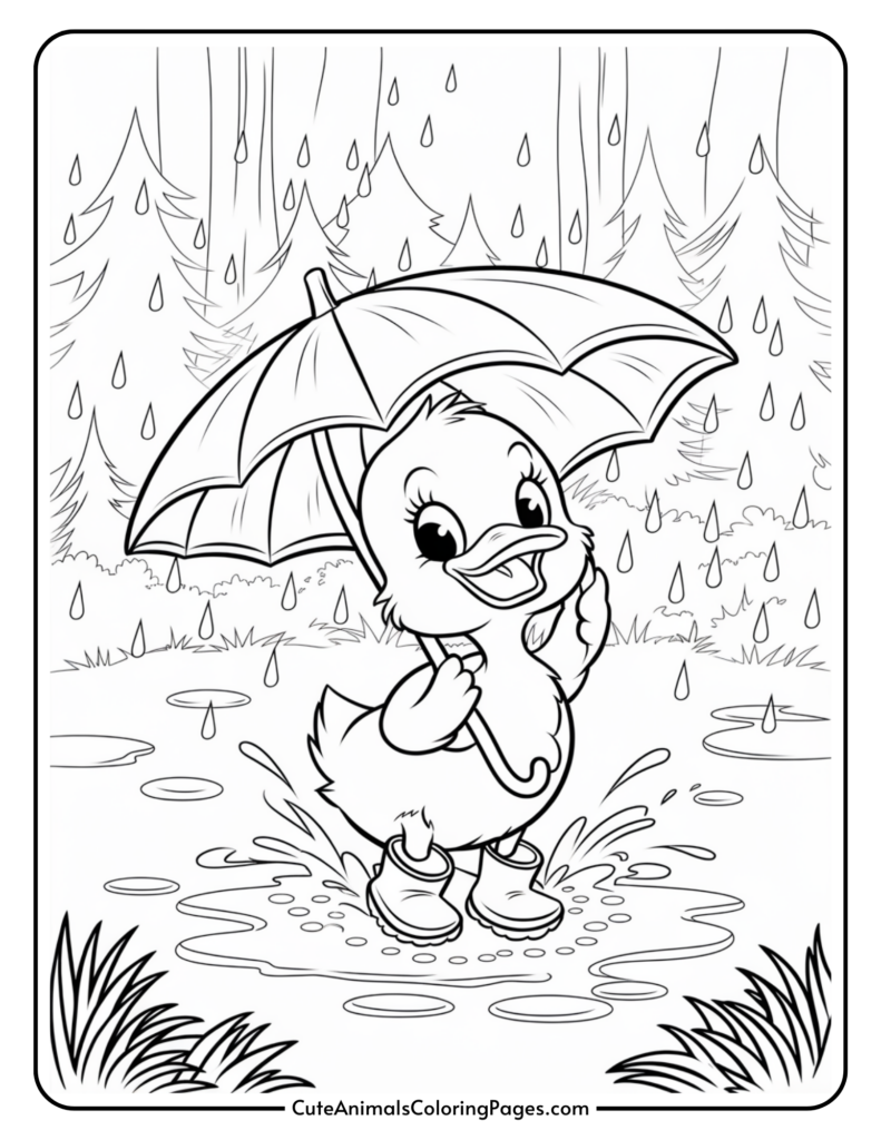 Cute duckling holding an umbrella and wearing rain boots in a rainy forest scene with falling raindrops.