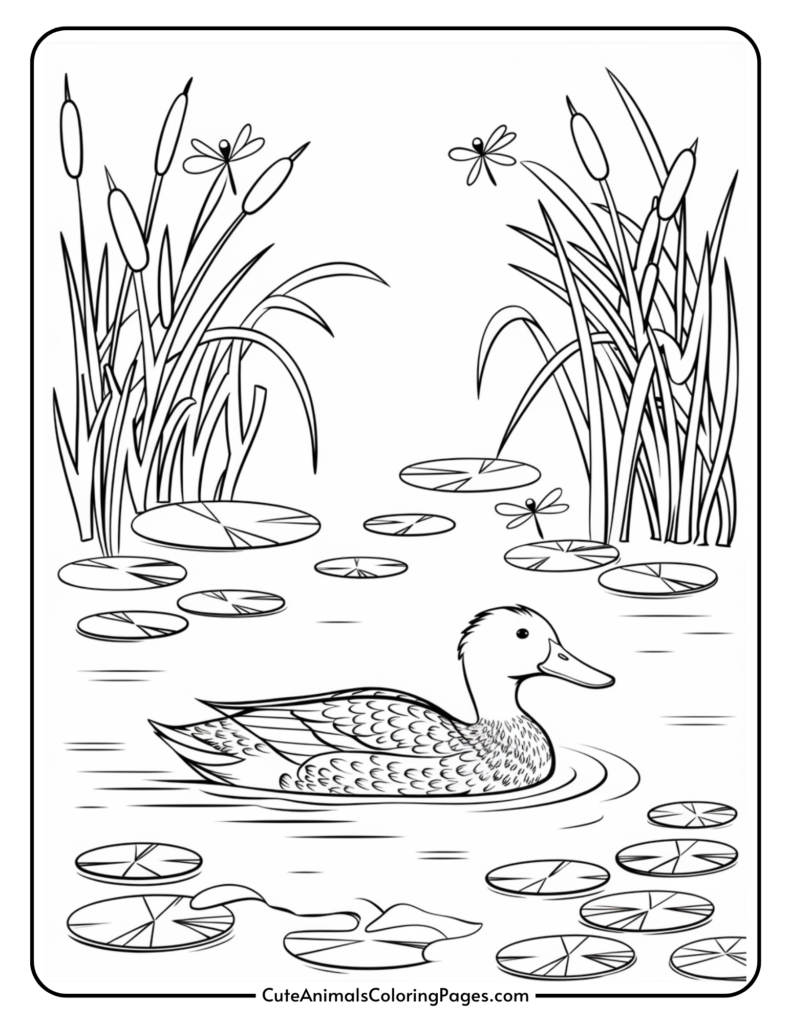 Illustration of a duck swimming in a pond surrounded by lily pads and cattails, with two dragonflies flying nearby.