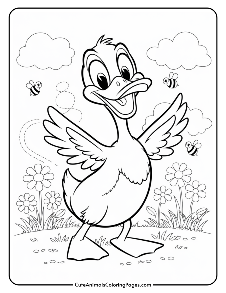 Cheerful cartoon duck with outstretched wings surrounded by bees and flowers under a cloudy sky.