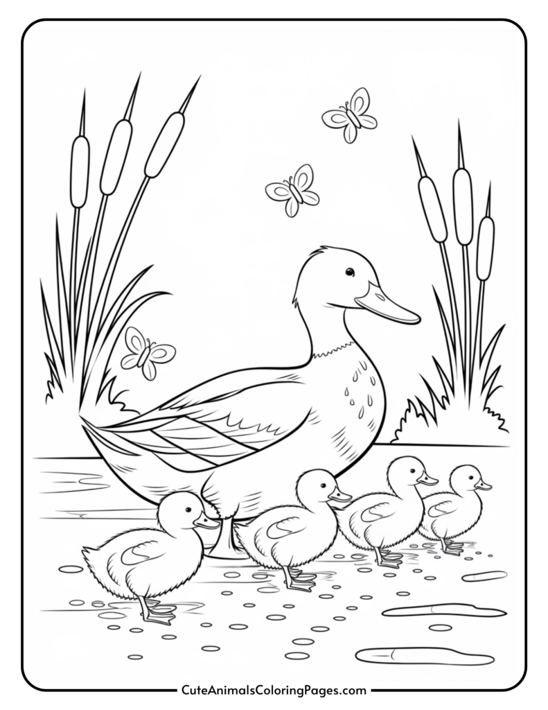 A mother duck walking with four ducklings near a pond, surrounded by cattails and butterflies.