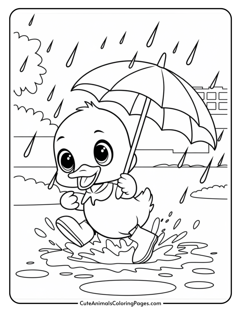 A cute cartoon duckling holding an umbrella and splashing in a puddle during rain.