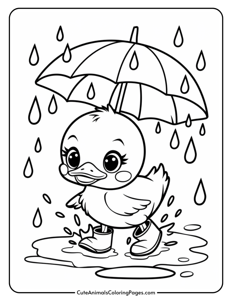 Cute duckling with boots holding an umbrella in the rain, surrounded by raindrops.