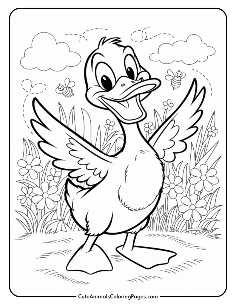 A cheerful cartoon duck spreads its wings in a flower-filled meadow with bees and clouds in the background.