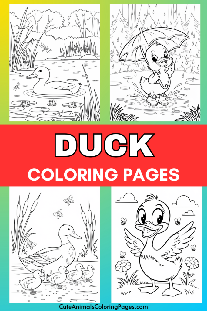 Duck-themed coloring pages with illustrations of ducks in various scenes, including a pond, rain with an umbrella, a mother duck with ducklings, and a joyful duck in a field.