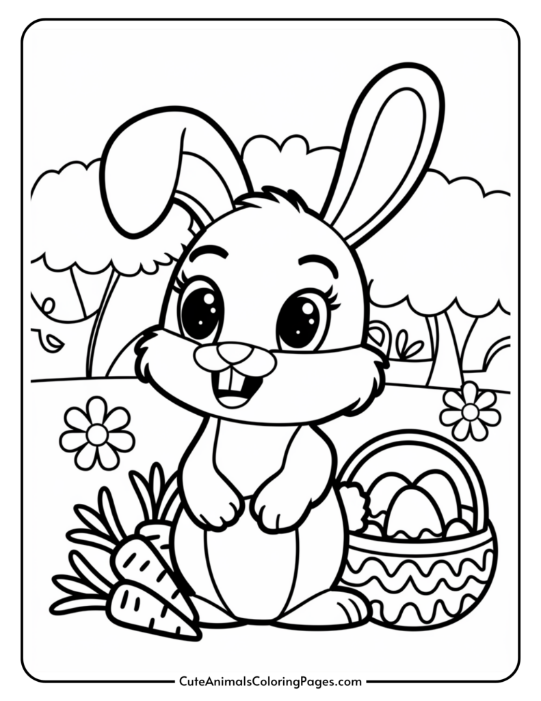 Cute cartoon bunny with large eyes, sitting in a garden with flowers, carrots, and an Easter basket filled with eggs.