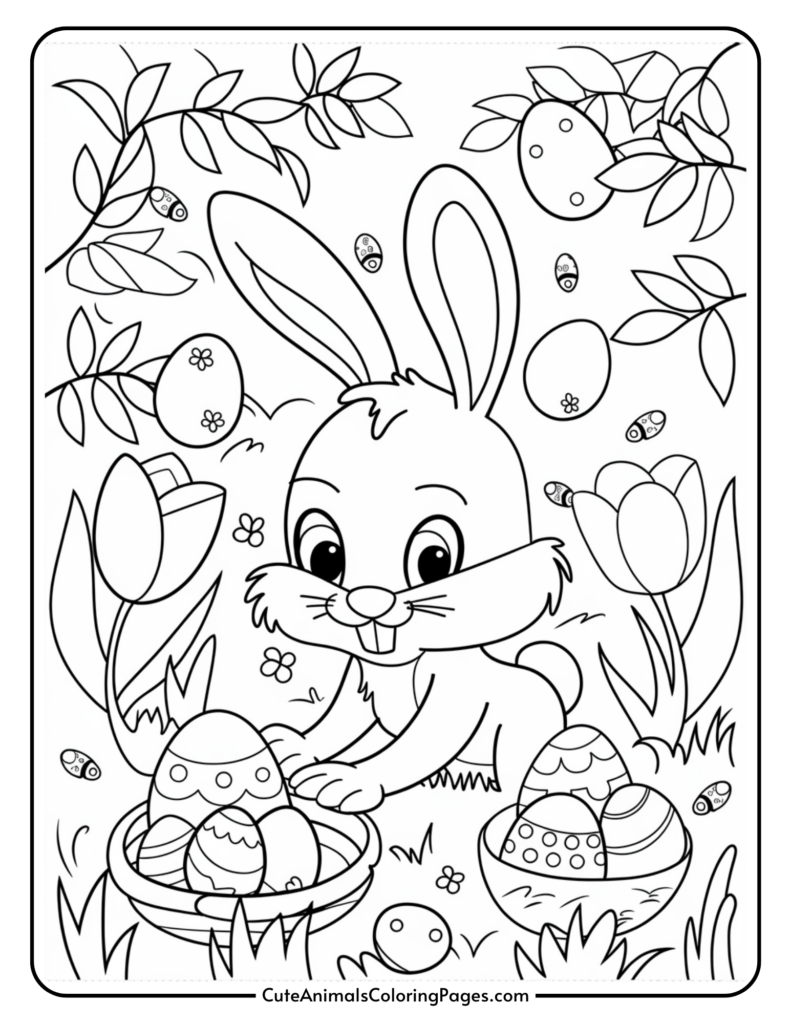 Cute cartoon bunny surrounded by decorated Easter eggs, flowers, and ladybugs in a coloring page.