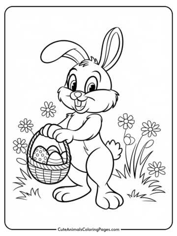 Cartoon rabbit holding a basket of Easter eggs, standing in a field of flowers.