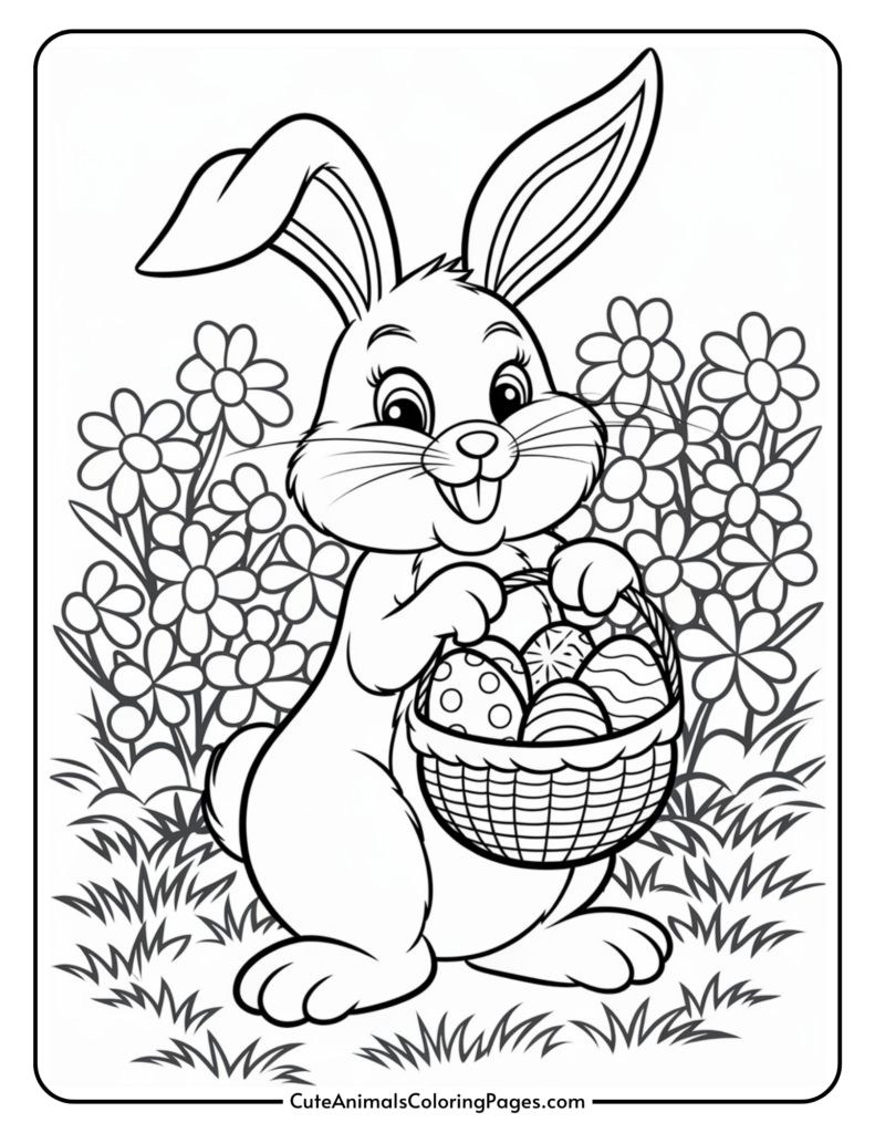 A cartoon bunny holding a basket of decorated Easter eggs is sitting on grass with flowers in the background.