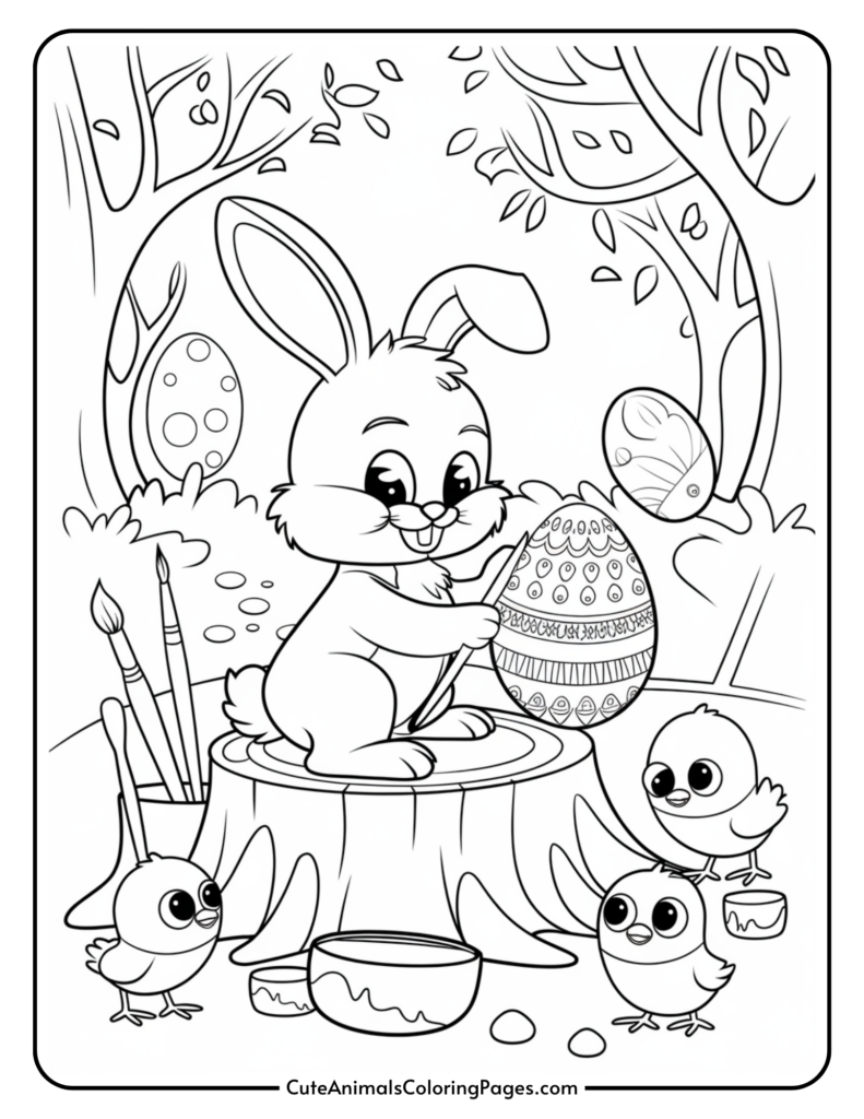 A bunny sitting on a tree stump painting an Easter egg, surrounded by three small birds and paintbrushes, in a forest setting.