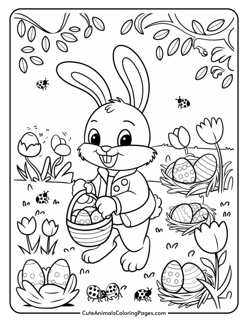 A cartoon bunny holding a basket of Easter eggs surrounded by flowers and ladybugs in a garden.