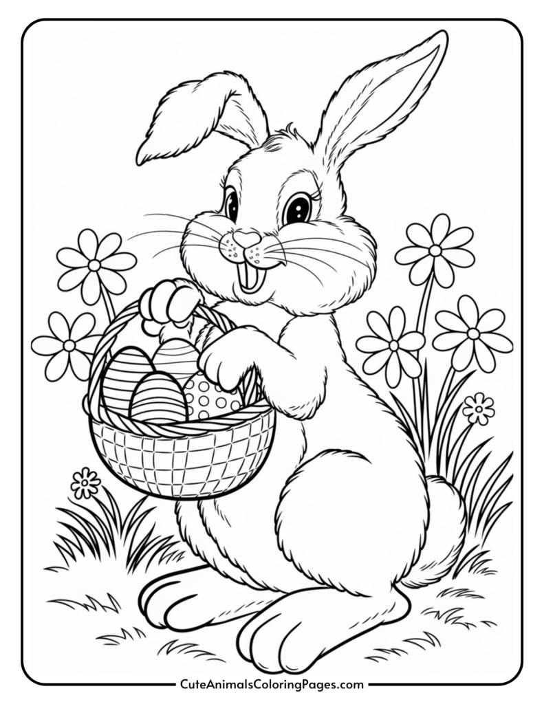 A cartoon rabbit holding a basket of Easter eggs, surrounded by flowers.