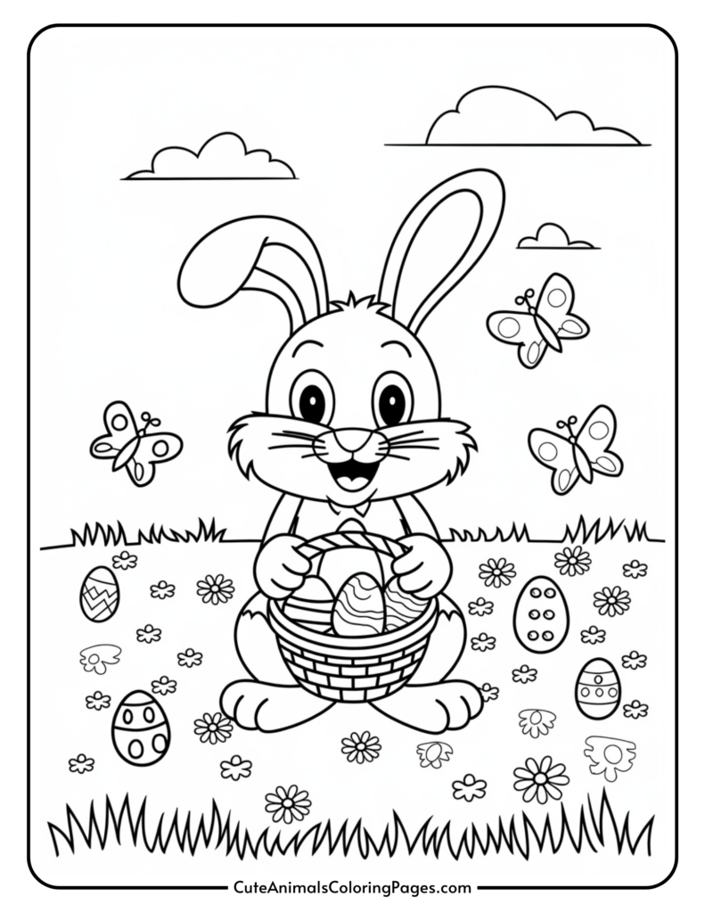 A cartoon bunny holding a basket of Easter eggs, surrounded by decorated eggs, flowers, grass, butterflies, and clouds.