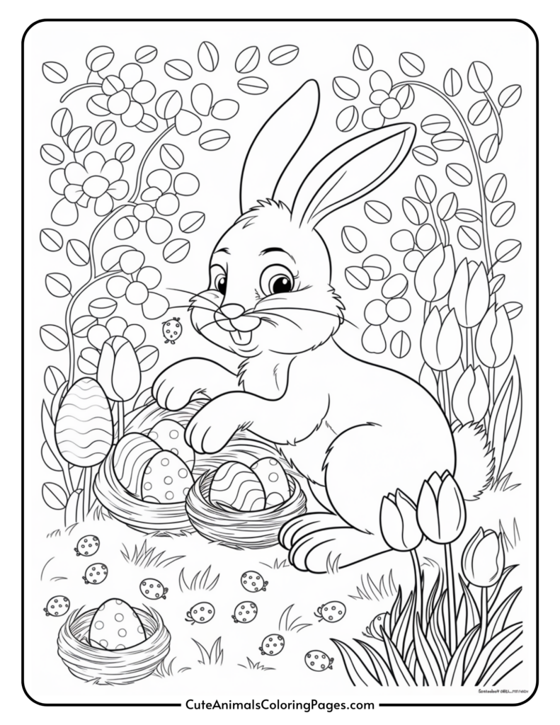 A coloring page featuring a cute bunny surrounded by decorated Easter eggs, flowers, and ladybugs.