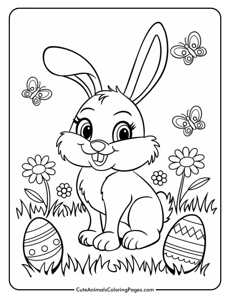 Cute bunny surrounded by flowers, Easter eggs, and butterflies in a coloring page.