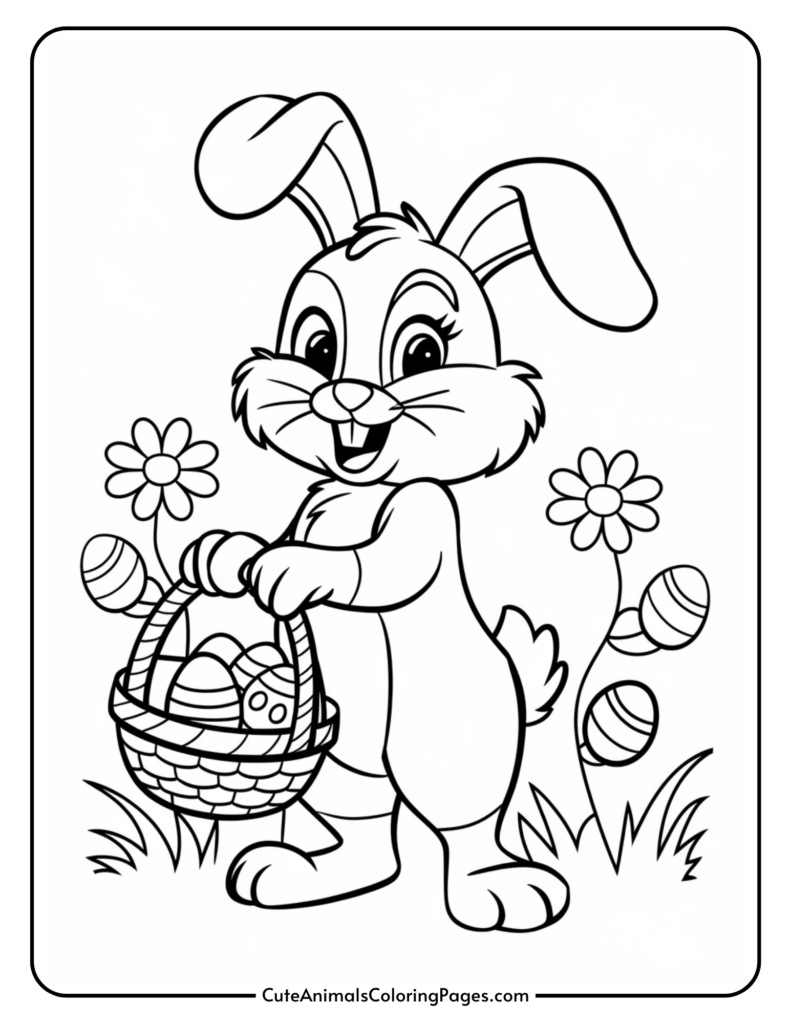 Cute cartoon bunny holding a basket of Easter eggs with flowers in the background.