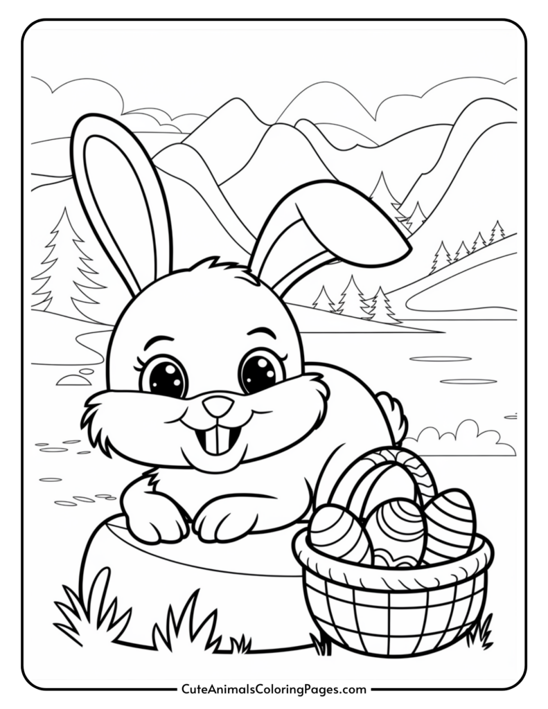 Cute cartoon bunny with a basket of Easter eggs in a scenic outdoor setting.