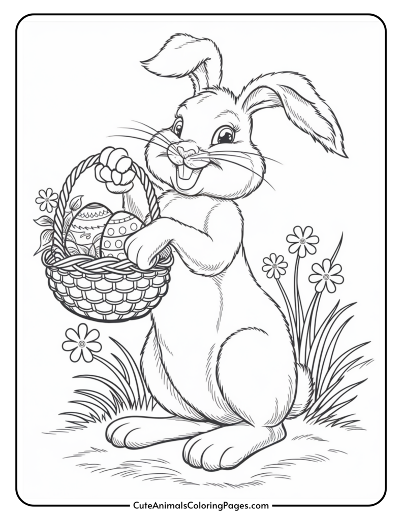 A smiling cartoon bunny holding a basket filled with decorated Easter eggs, surrounded by flowers and grass.