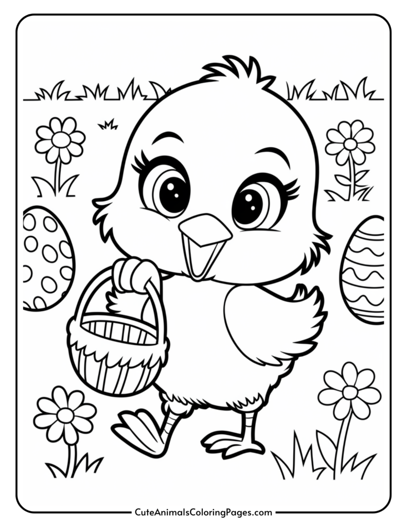 A cute cartoon chick holding an Easter basket, surrounded by decorated eggs and flowers in a grassy field.