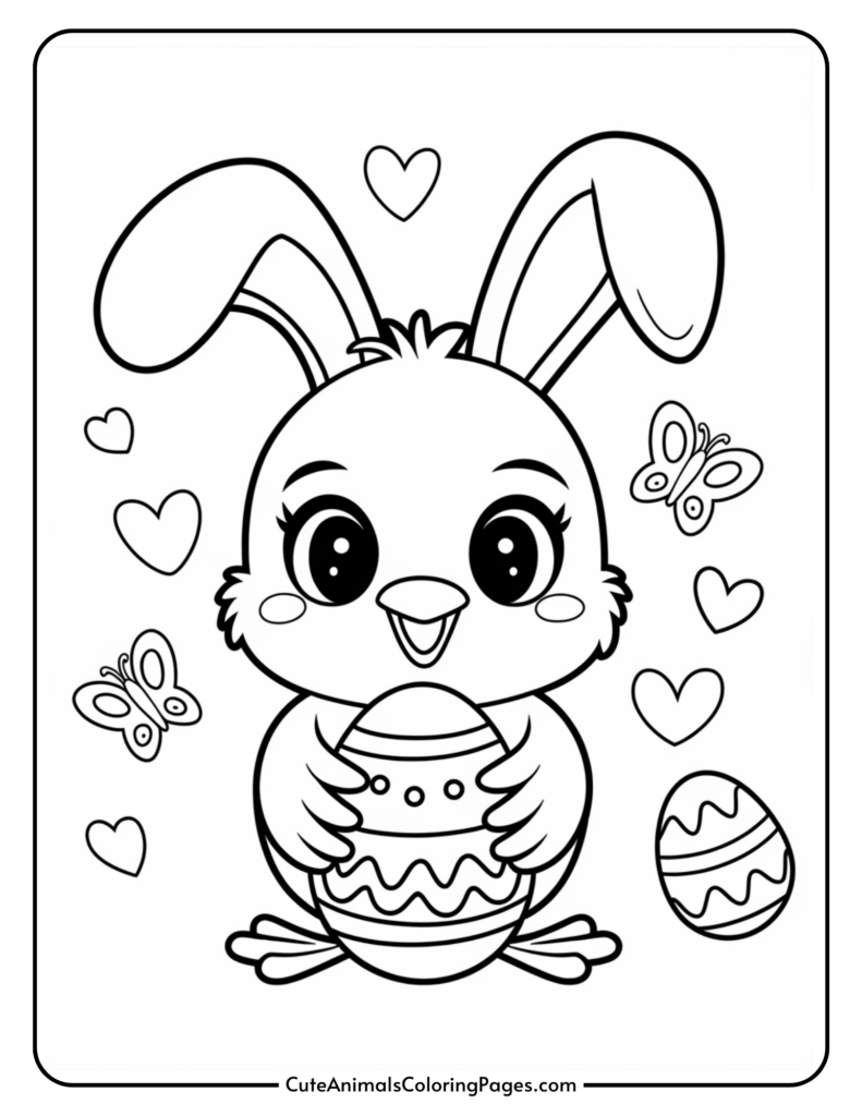 Cute cartoon bunny holding a decorated egg with hearts and butterflies around.