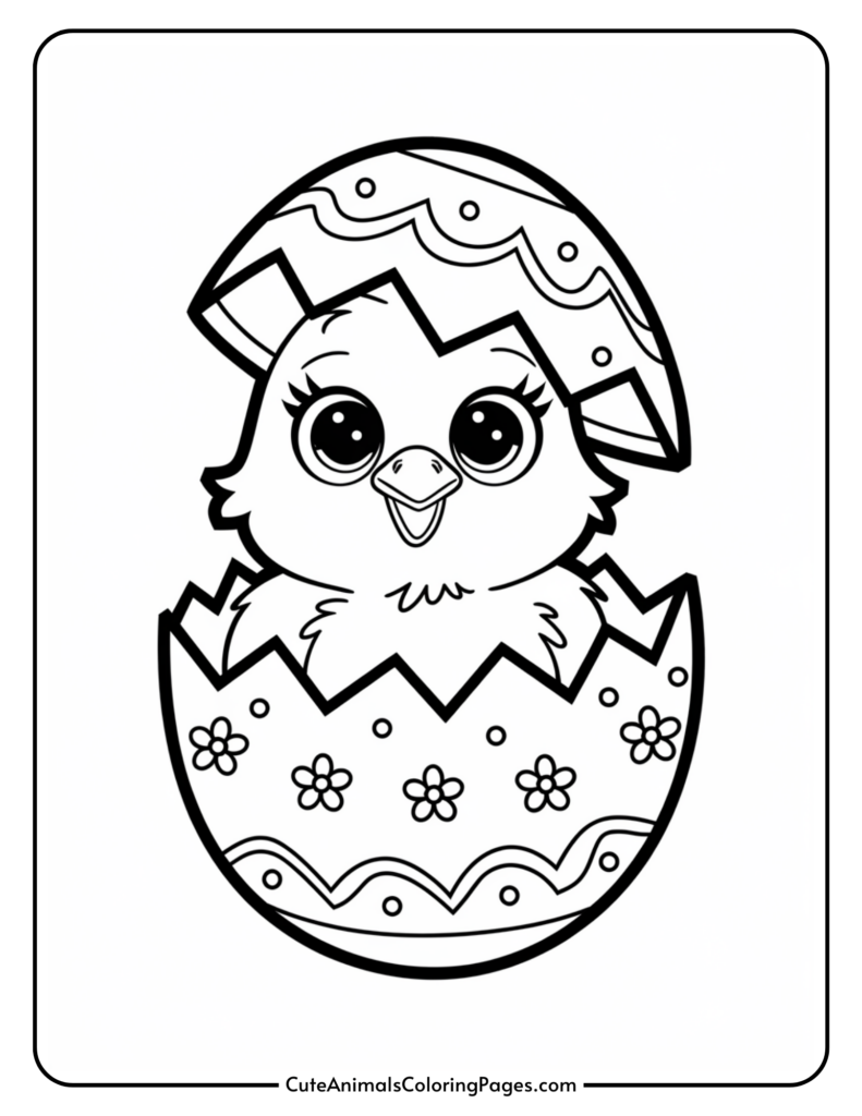 A cute cartoon chick hatching from a decorated Easter egg.