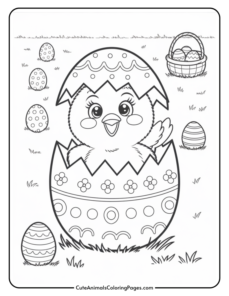 A cute chick hatching from a decorated Easter egg, surrounded by other patterned eggs and a basket on grass.