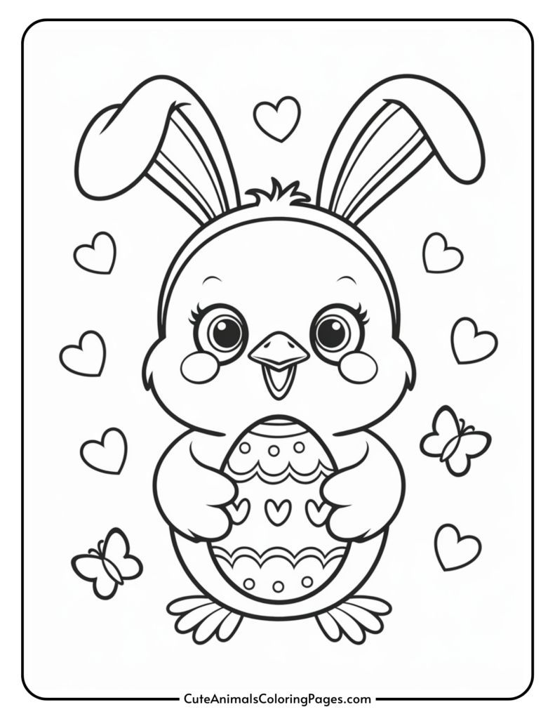 Cute cartoon chick wearing bunny ears, holding an Easter egg, surrounded by hearts and butterflies.