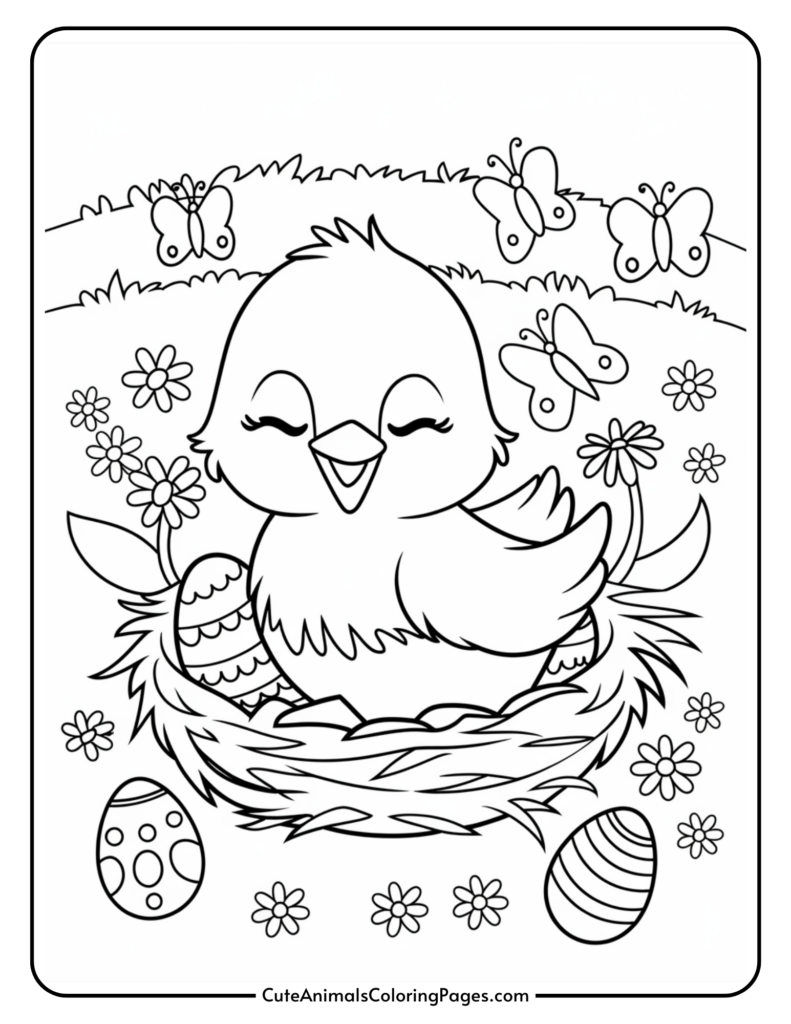 A cute chick sitting in a nest surrounded by decorated eggs, flowers, and butterflies in a coloring page.