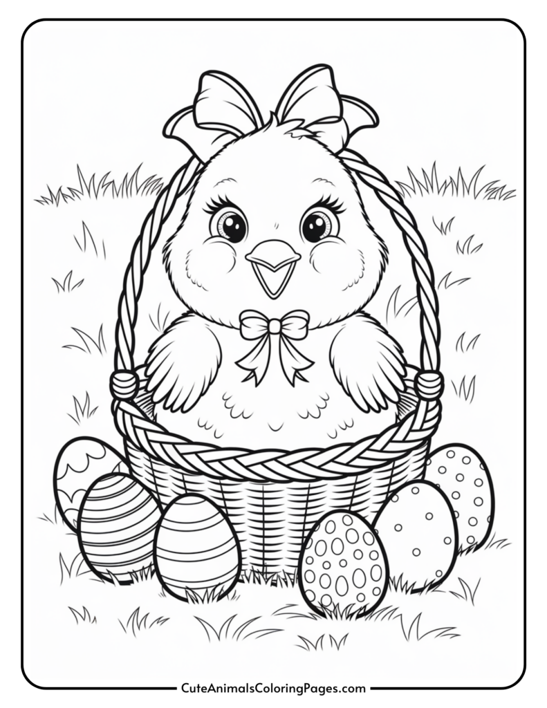 Cartoon chick with a bow in a basket surrounded by decorated Easter eggs.