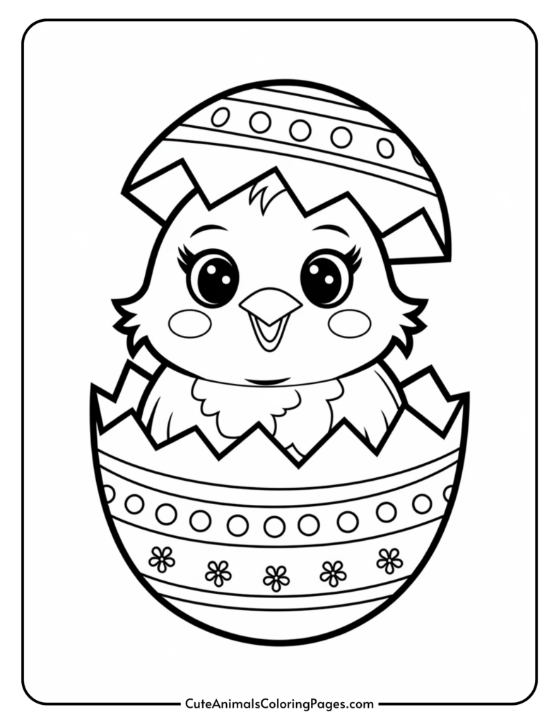 A cute cartoon chick hatching from a decorative Easter egg, with patterns of circles and flowers, and a smiling expression.