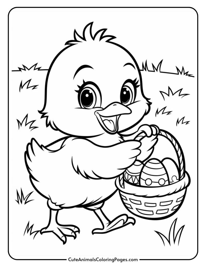 Young chick holding a basket with decorated eggs, on a grassy background.