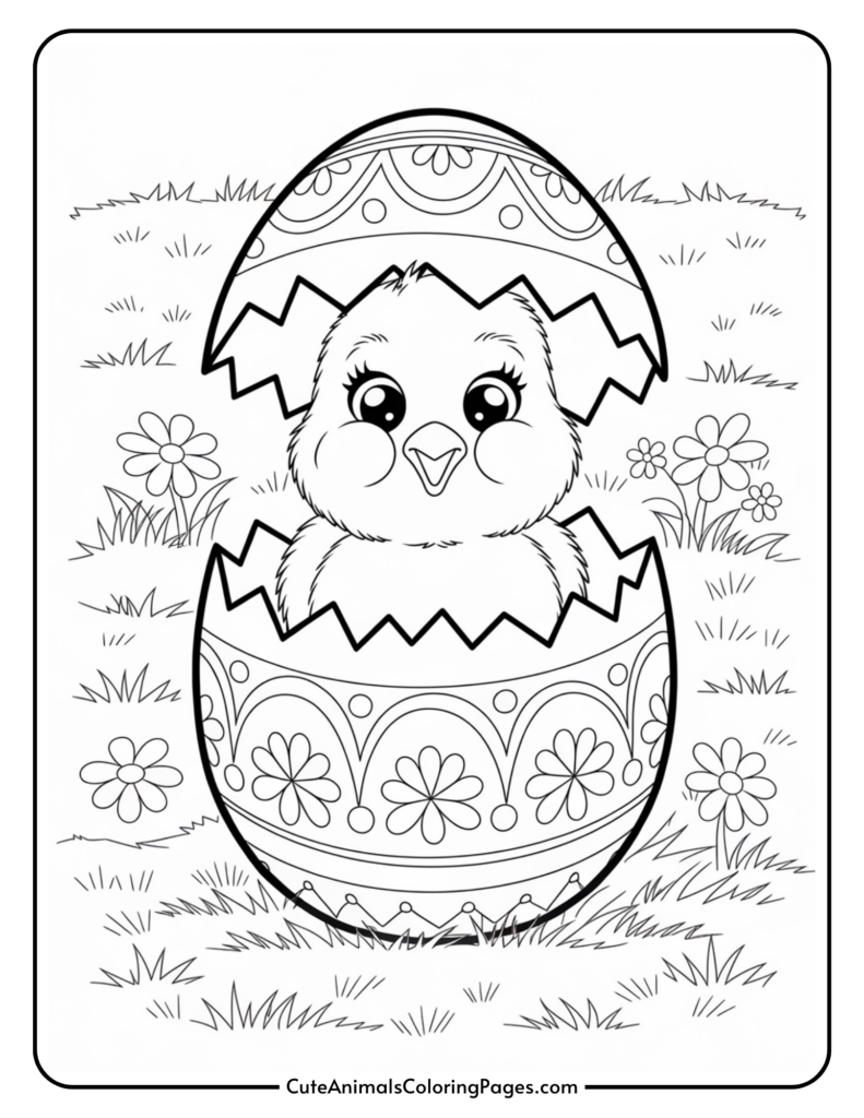 A cute baby chick in a decorated eggshell, surrounded by grass and flowers.