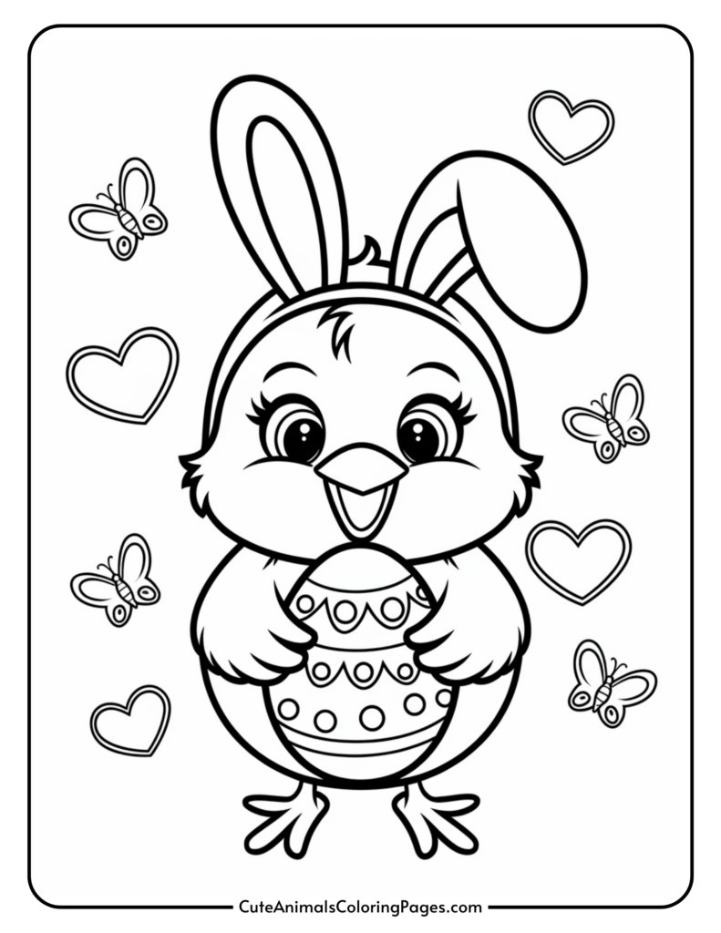 Cute cartoon chick wearing bunny ears, holding a decorated egg, surrounded by hearts and butterflies.