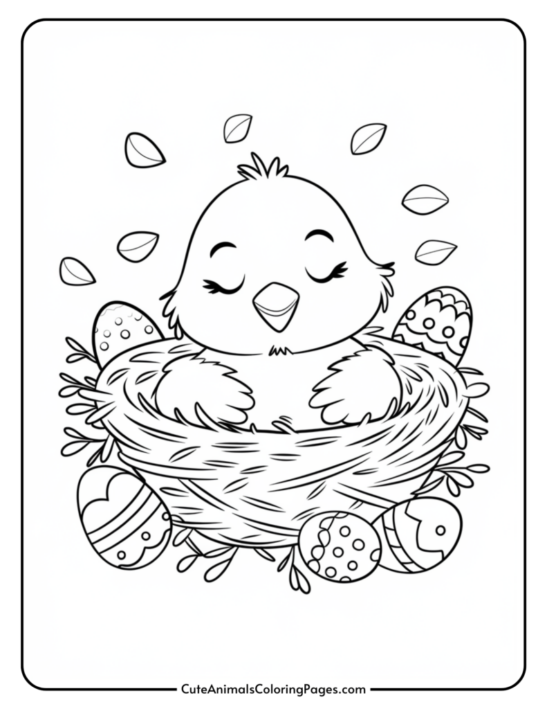 A cartoon chick sitting in a nest surrounded by decorated Easter eggs and falling leaves.