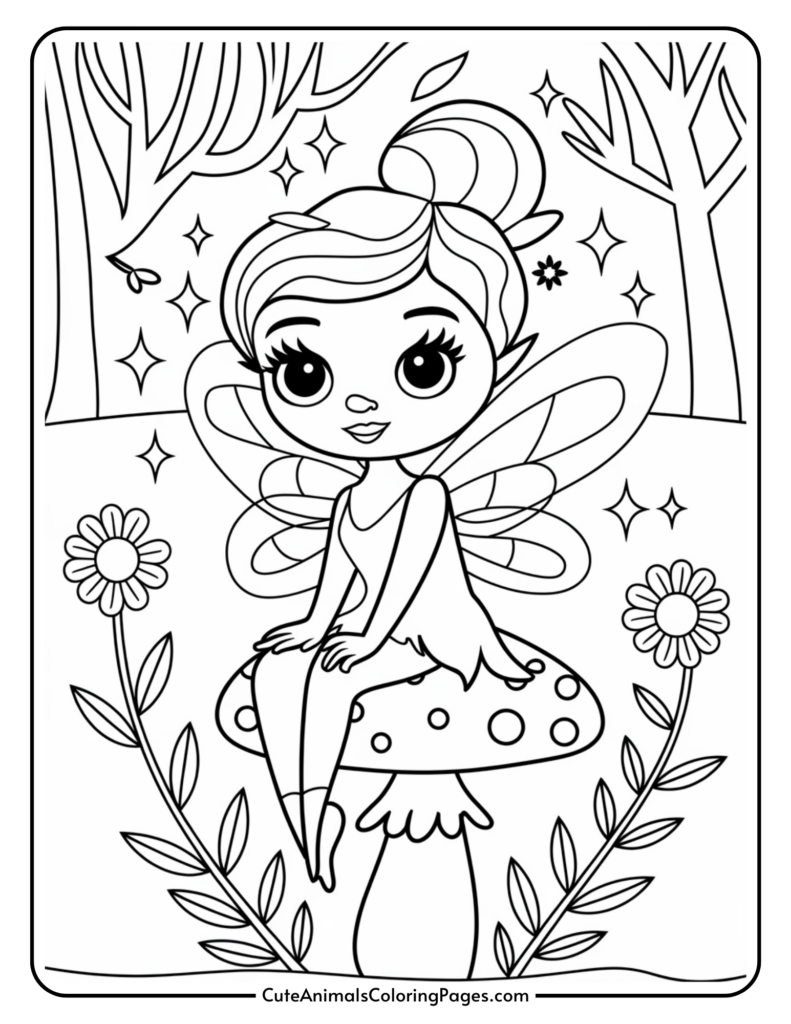 Fairy sitting on a mushroom with flowers and trees in the background, outlined for coloring.