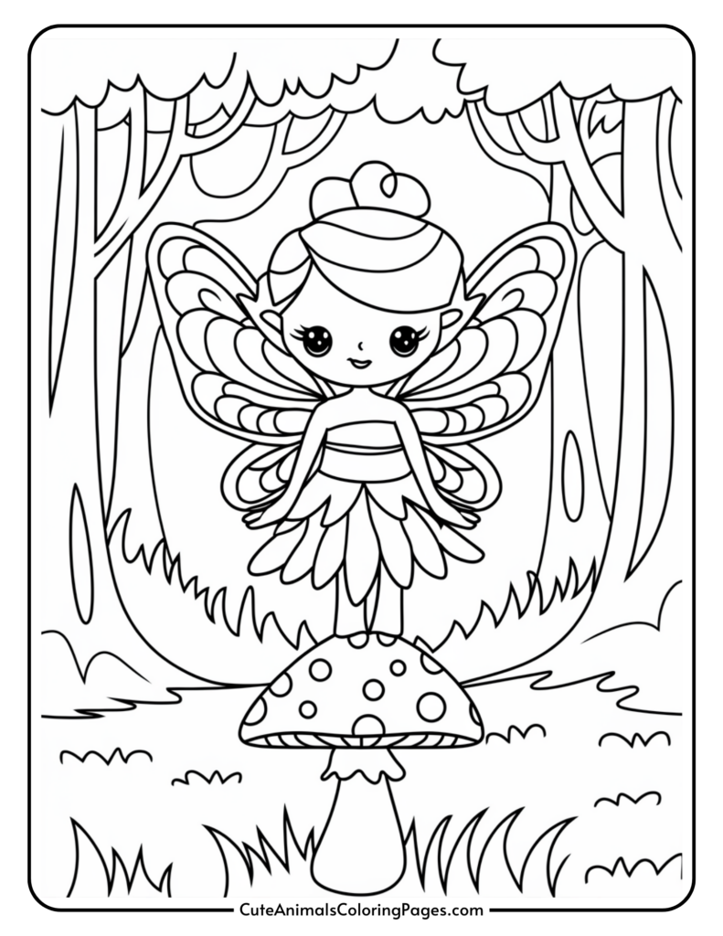 Fairy sitting on a mushroom in a forest.