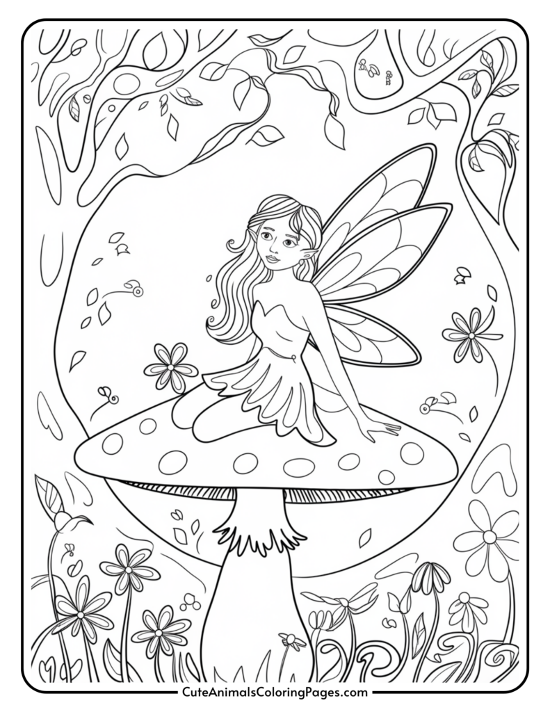 A fairy sitting on a large mushroom surrounded by flowers and trees in a whimsical forest scene.