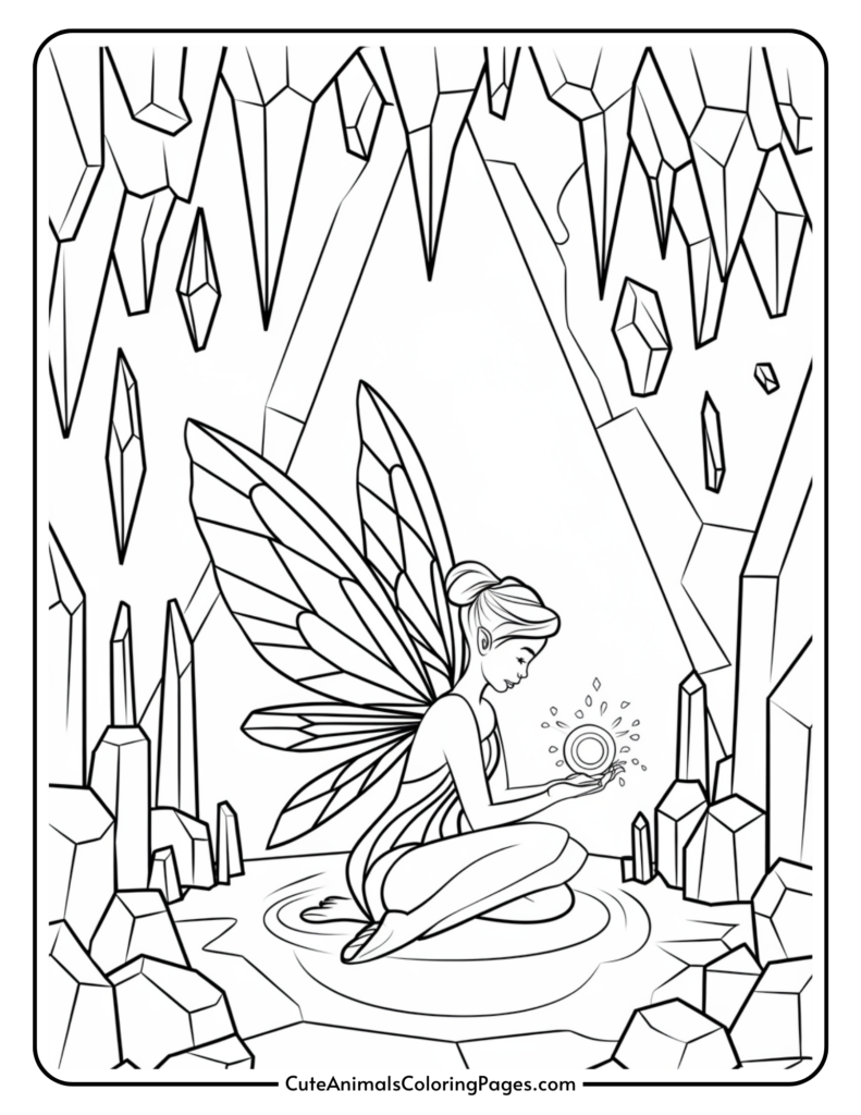 A fairy with large wings crouches in a crystal cave, holding a glowing orb.