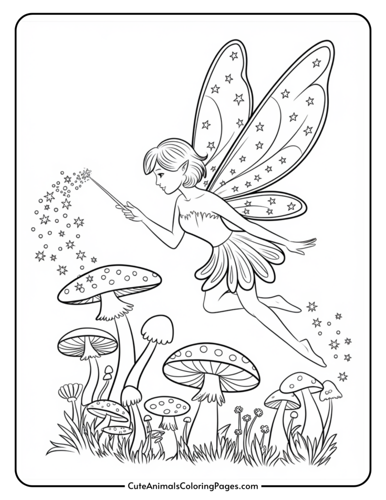 A fairy with starry wings using a wand to sprinkle magic above mushrooms.