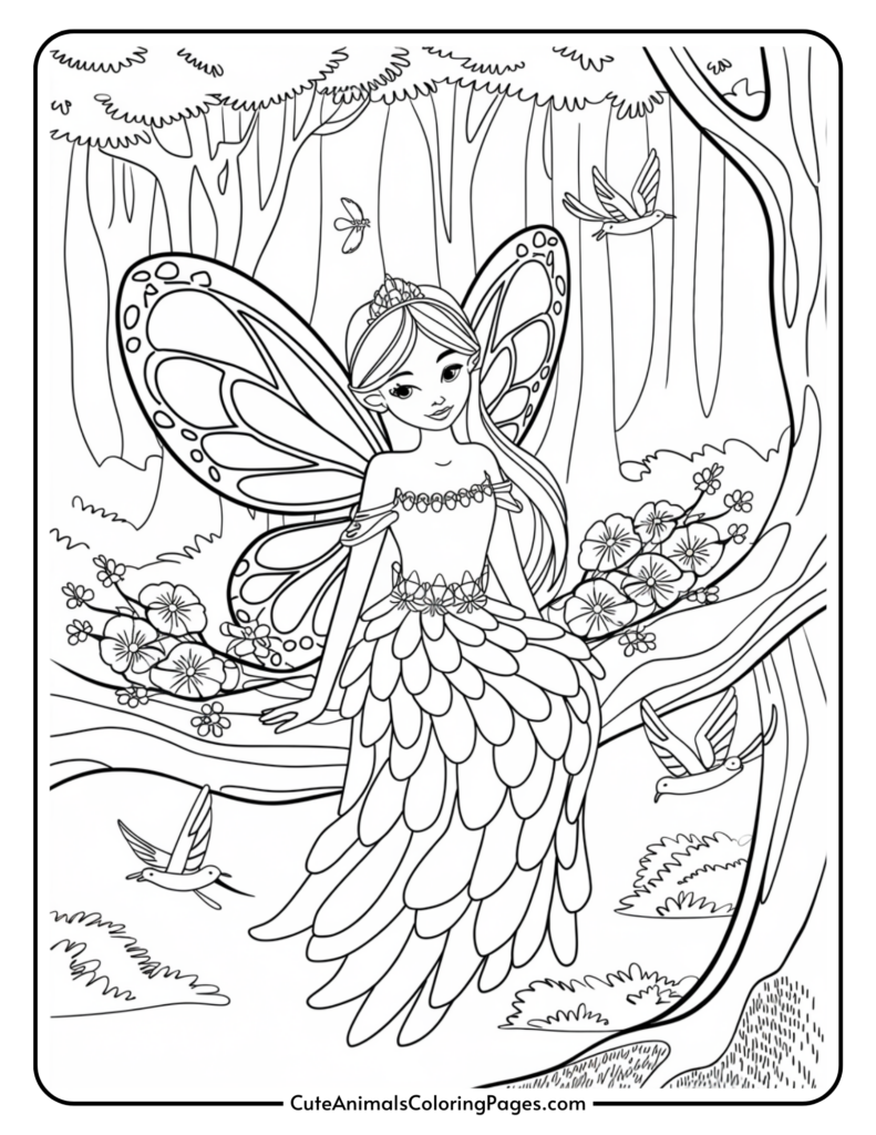 A fairy with large wings sitting on a tree branch surrounded by flowers and birds in a forest setting.