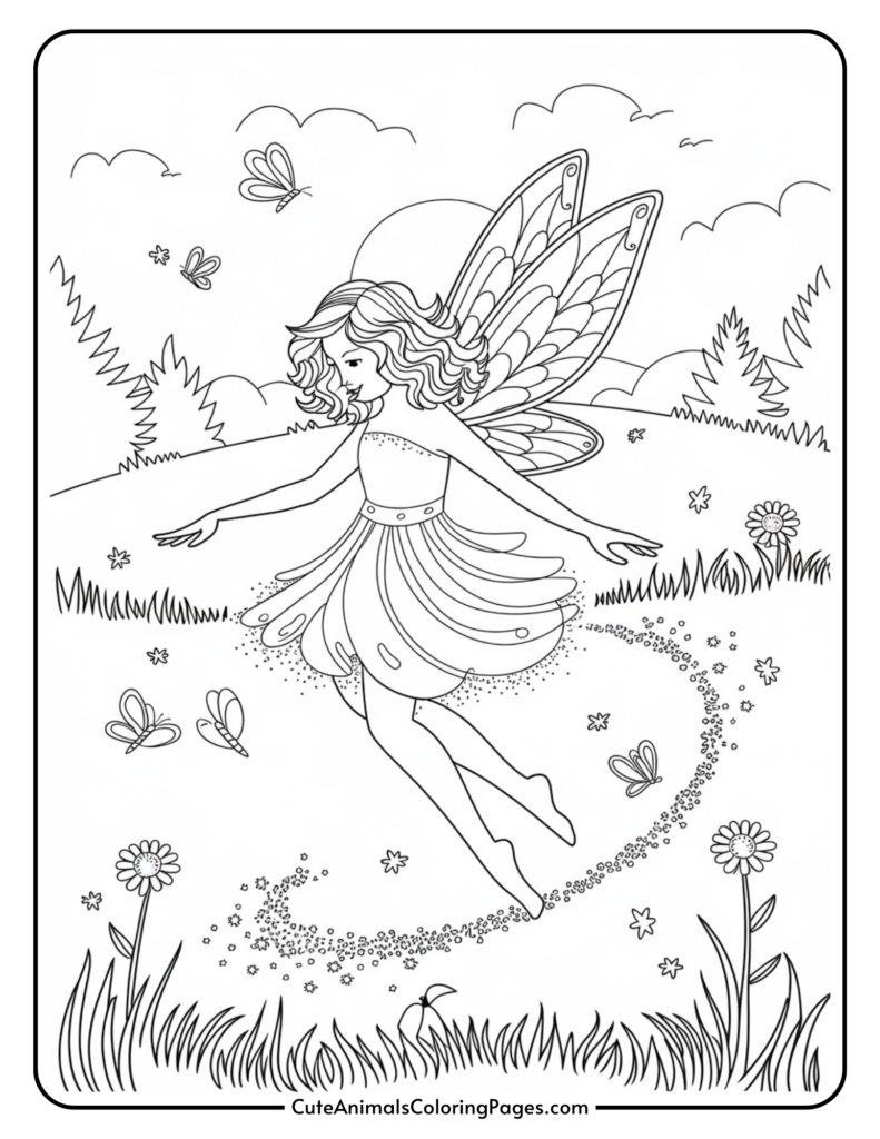 Illustration of a fairy with butterfly wings flying over a field of flowers, surrounded by butterflies under a cloudy sky.