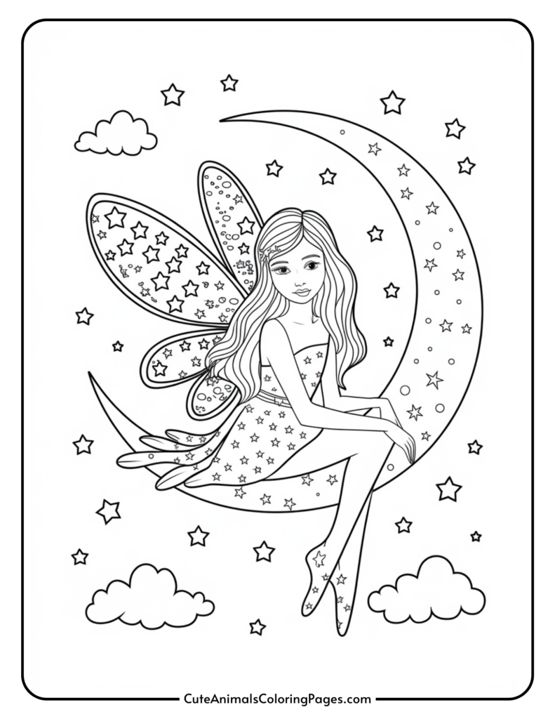 Fairy sitting on a crescent moon with starry wings, surrounded by stars and clouds.