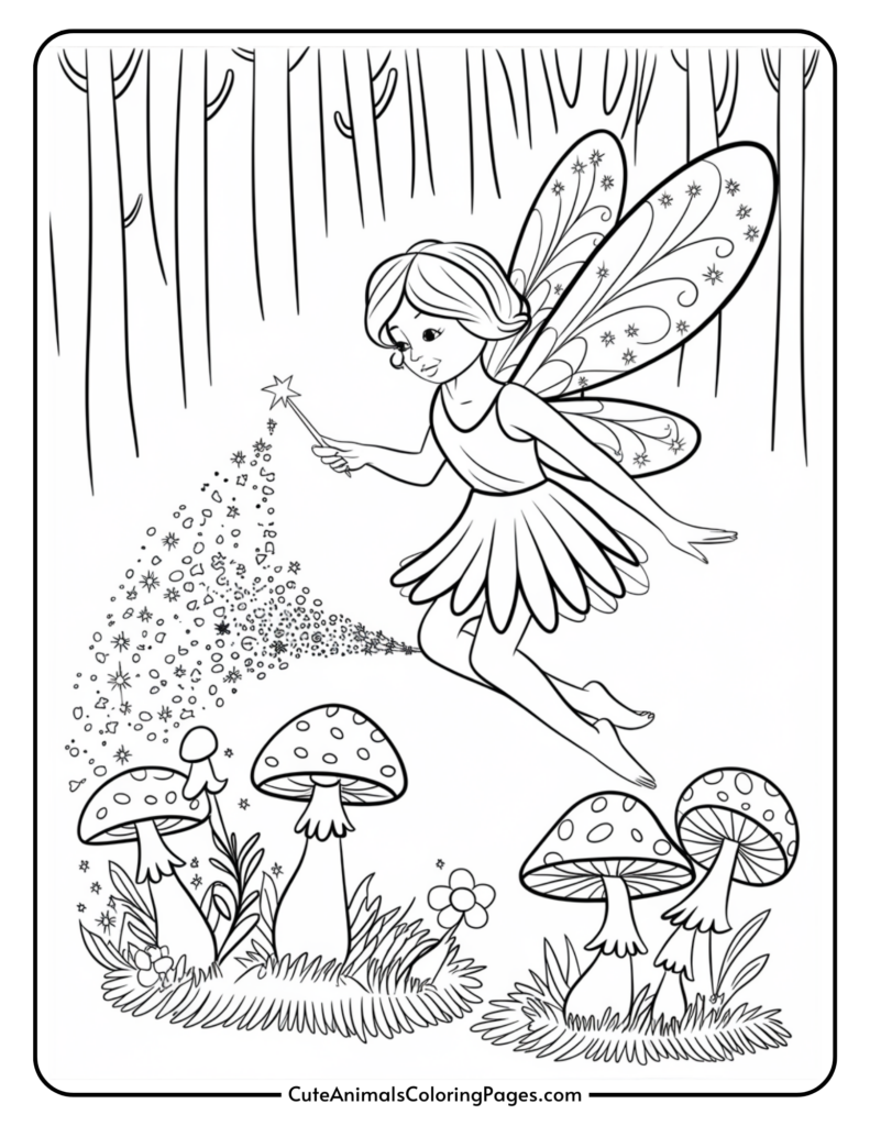 A fairy with ornate wings using a magic wand to sprinkle stars near mushrooms in a forest.