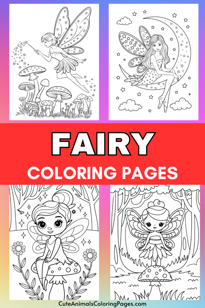 Fairy coloring pages with illustrations of fairies sitting on mushrooms and in enchanted forests.