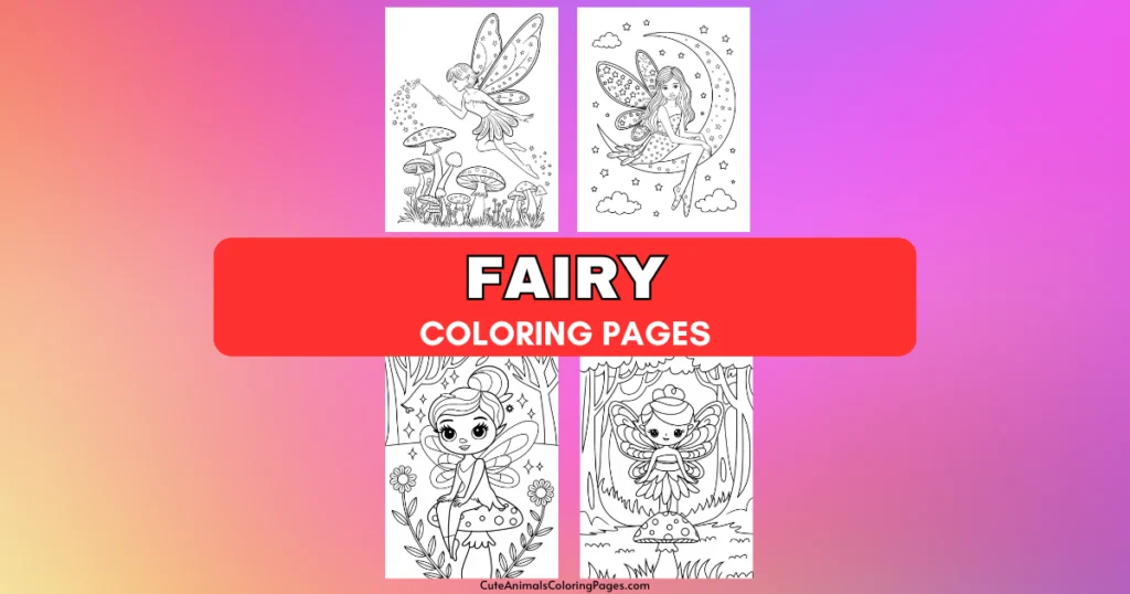 Fairy coloring pages banner featuring four different fairy illustrations on a colorful gradient background.