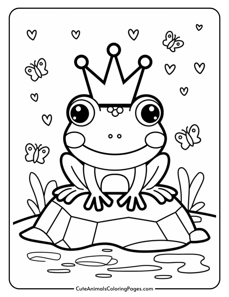 Cartoon frog wearing a crown, sitting on a rock surrounded by butterflies and hearts.