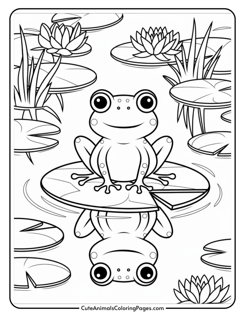 A cartoon frog sitting on a lily pad in a pond with water lilies and plants.