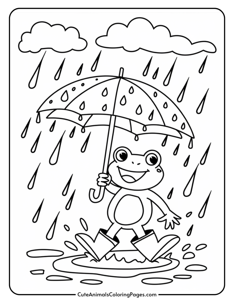 A cartoon frog wearing boots holding an umbrella in the rain.